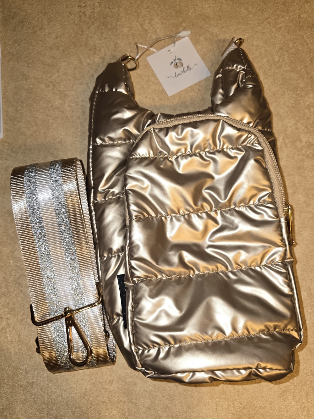Metallic Champagne Puffer Crossbody Bag with Detachable Strap